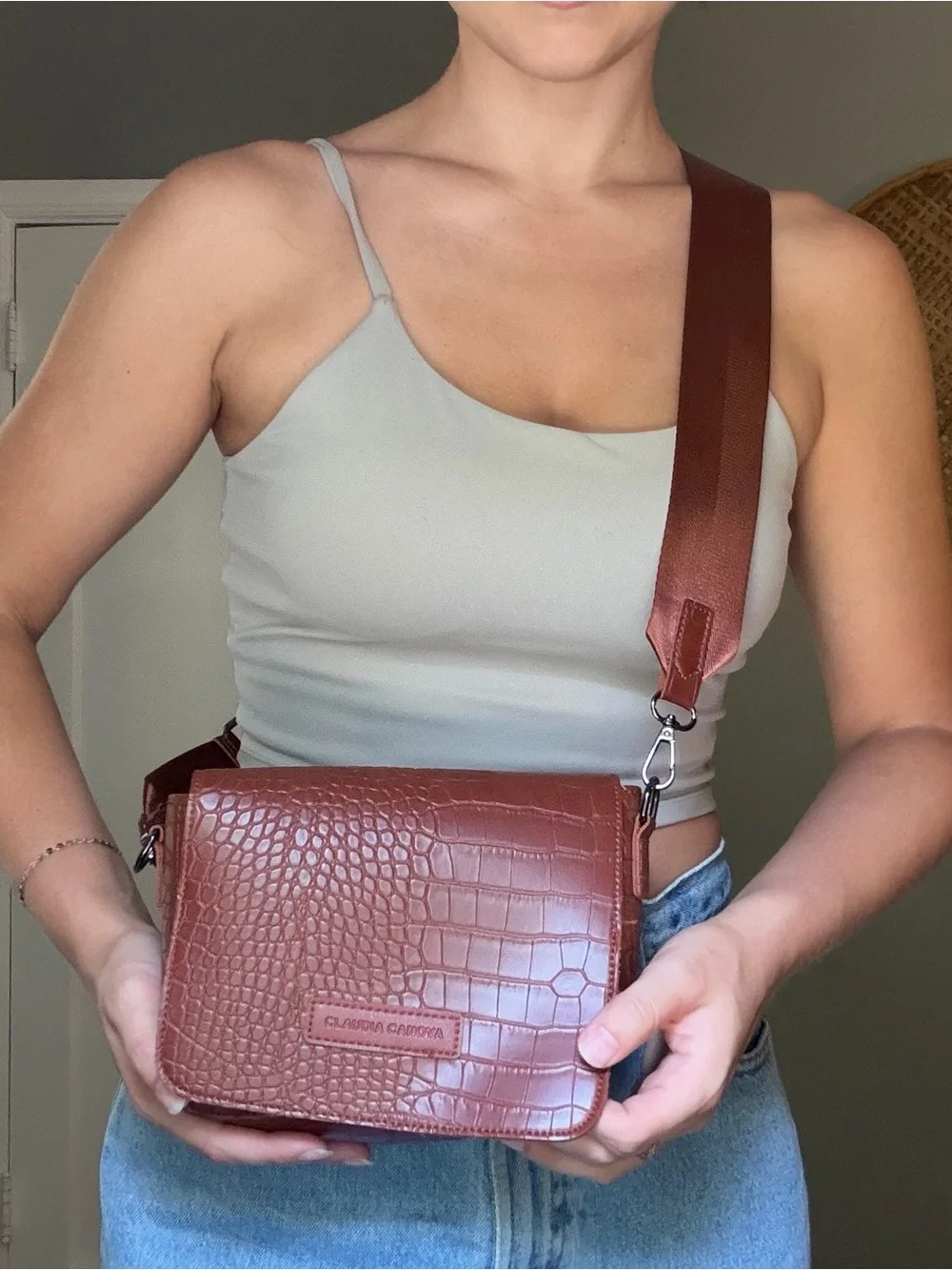 Brown Croc-Embossed Crossbody Bag